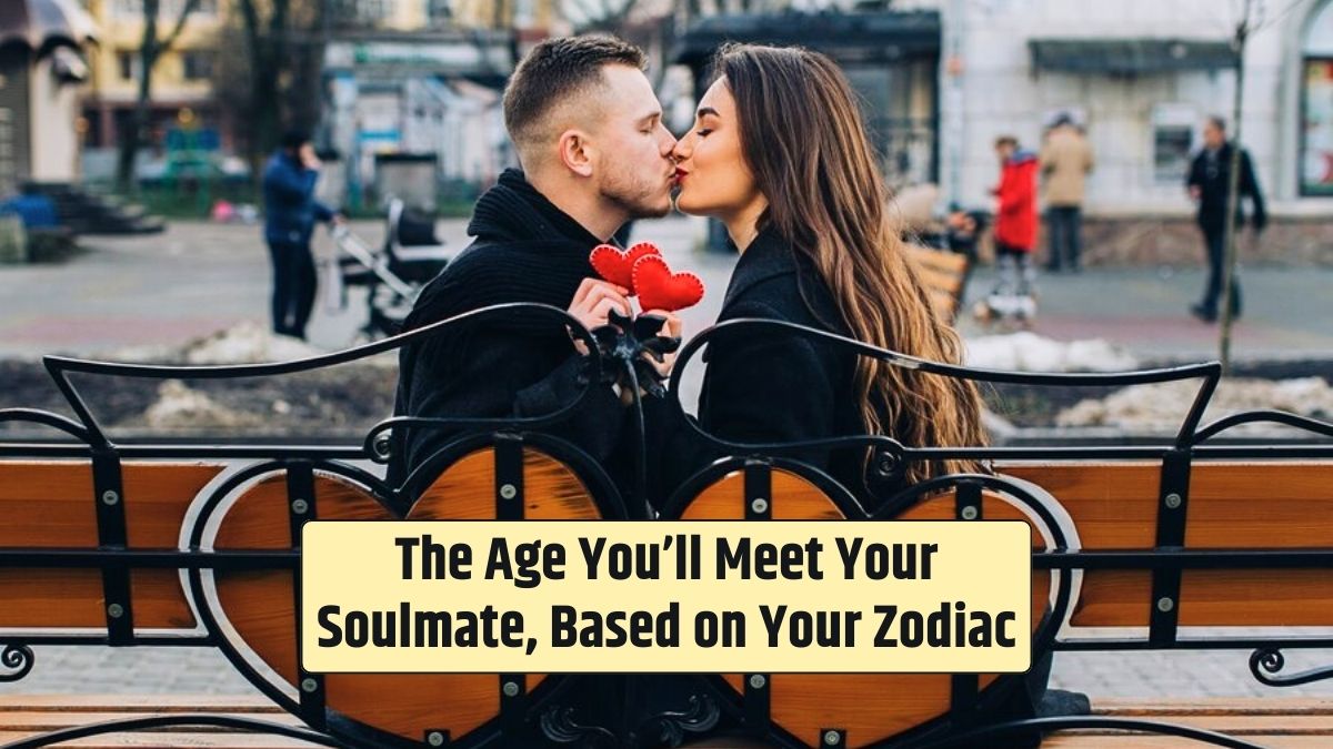 On a bench, a kissing romantic couple contemplates the age they'll meet their soulmate, according to their zodiac.