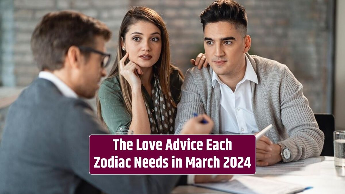 During a meeting, a young couple consults a financial advisor, who provides love advice tailored to each zodiac sign's needs in March 2024.