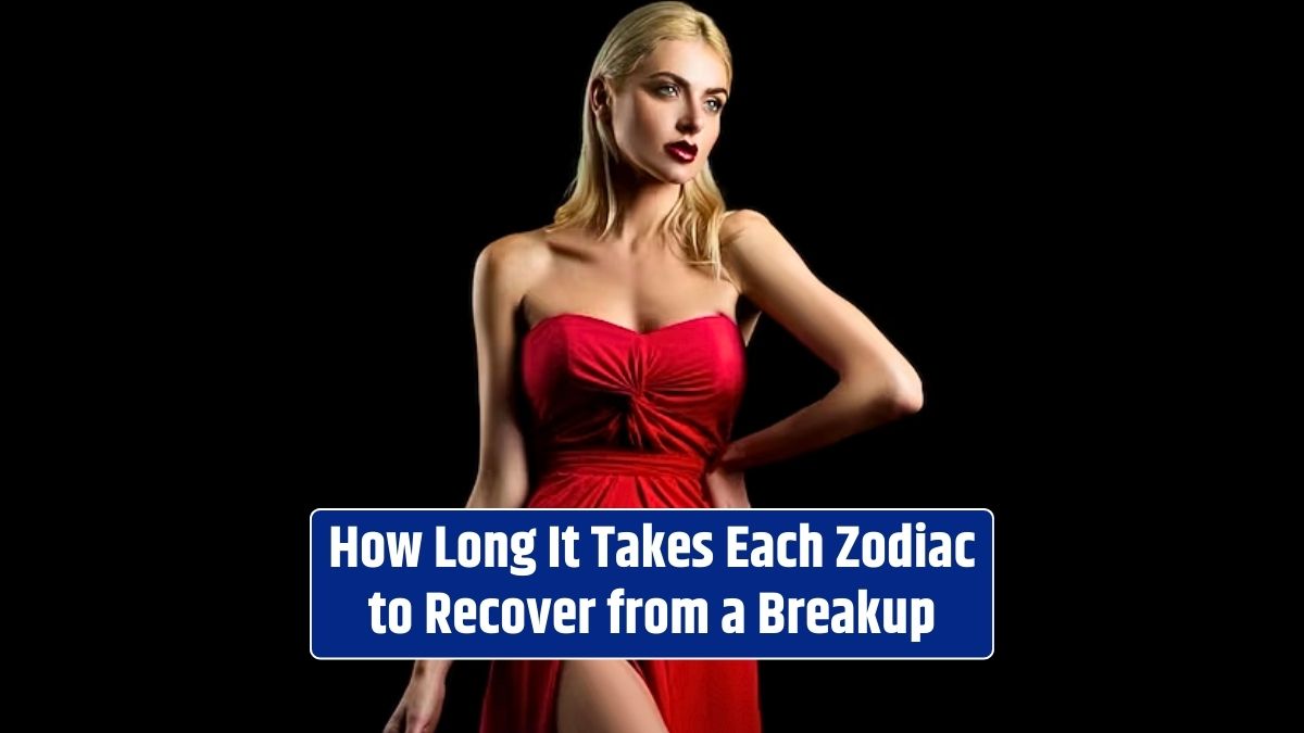 In a red dress, a woman with a beautiful, tender, sensual face contemplates how long each zodiac takes to recover from a breakup.