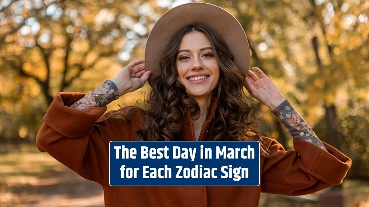 Dressed in warm brown, an attractive, stylish woman with long curly hair walks in the park, anticipating the best day in March for each zodiac sign.