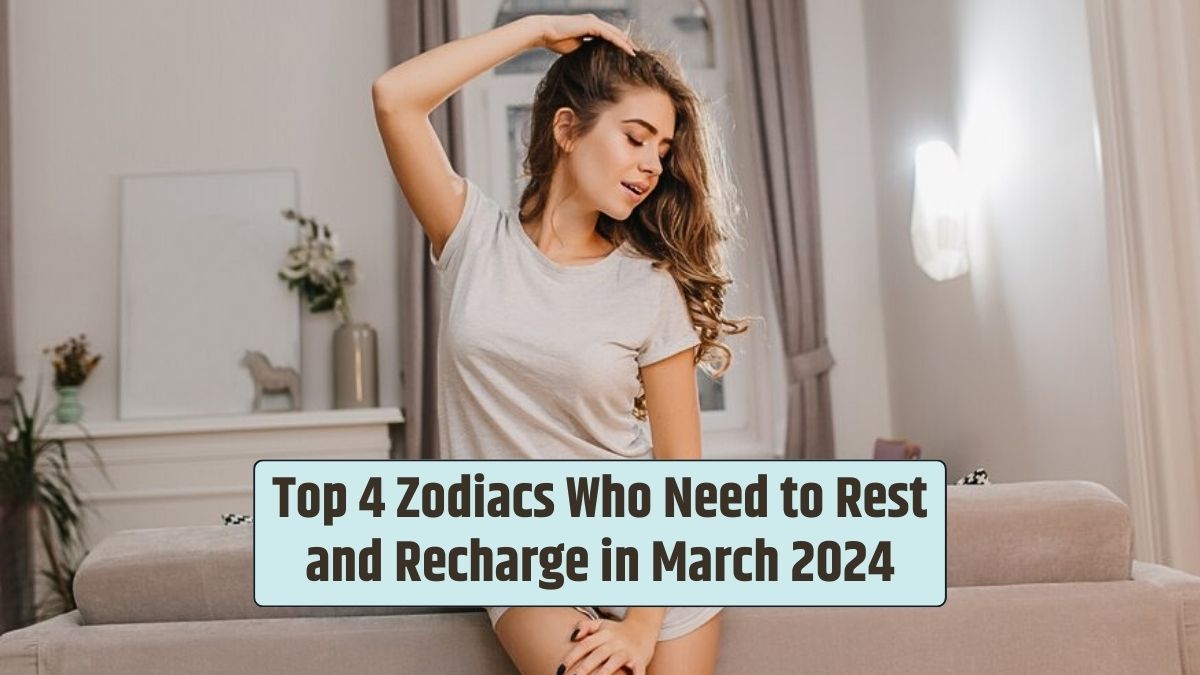 In a cute cozy room, a blissful woman poses with pleasure, recognizing the need to rest and recharge in March 2024.